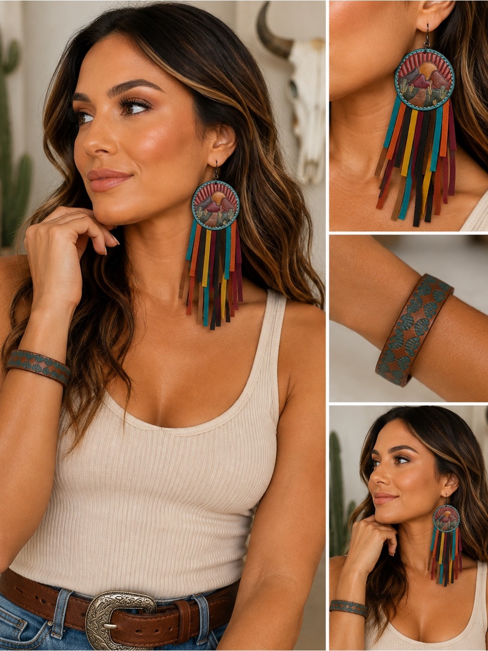 JUSTIN Genuine Leather Western Earrings & Bracelet Set Southwestern NWT